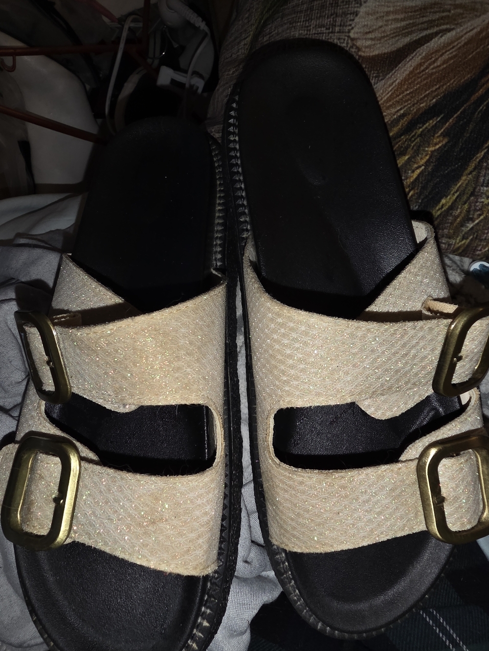 Beige Glitter Double-Buckle Slide Sandals - Women
